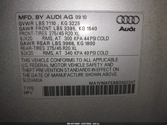 2011 Audi Q7 3.0 Tdi Premium მანქანა იყიდება აუქციონზე, vin: WA1VMAFE8BD002247, აუქციონის ნომერი: 44716595