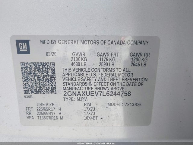 Aukcja sprzedaży 2020 Chevrolet Equinox Awd Lt 1.5l Turbo, vin: 2GNAXUEV7L6244758, numer aukcji: 44716603
