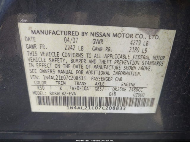 Aukcja sprzedaży 2007 Nissan Altima 2.5 S, vin: 1N4AL21E07C208833, numer aukcji: 44716617
