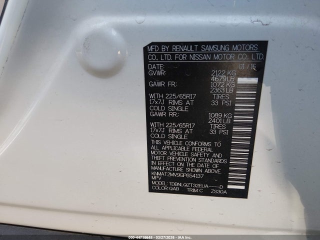 44716648 :رقم المزاد ، KNMAT2MV9GP654137 vin ، 2016 Nissan Rogue Sv مزاد بيع