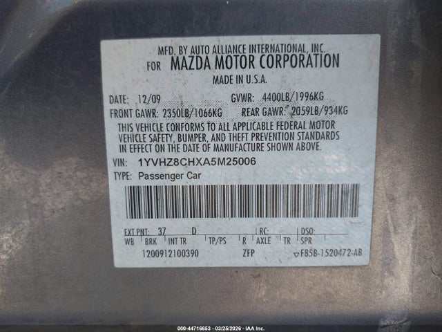 44716653 :رقم المزاد ، 1YVHZ8CHXA5M25006 vin ، 2010 Mazda Mazda6 I Touring مزاد بيع