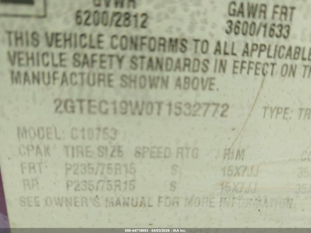 Aukcja sprzedaży 1996 Gmc Sierra C1500, vin: 2GTEC19W0T1532772, numer aukcji: 44716693