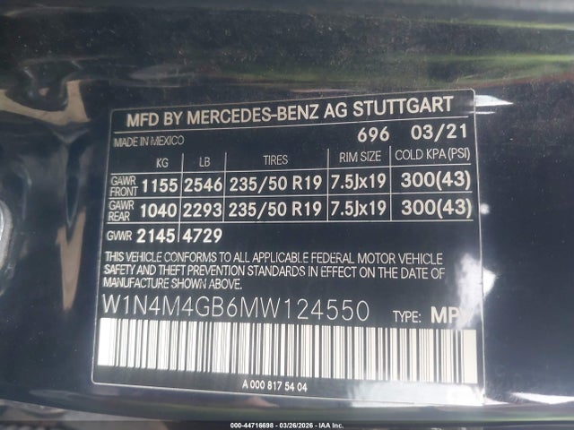 Auction sale of the 2021 Mercedes-benz Glb 250, vin: W1N4M4GB6MW124550, lot number: 44716698