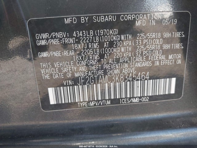 Aukcja sprzedaży 2019 Subaru Crosstrek 2.0i Limited, vin: JF2GTAMC3K8345464, numer aukcji: 44716714