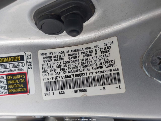 Aukcja sprzedaży 2007 Honda Civic Lx, vin: 1HGFA16507L006827, numer aukcji: 44716717