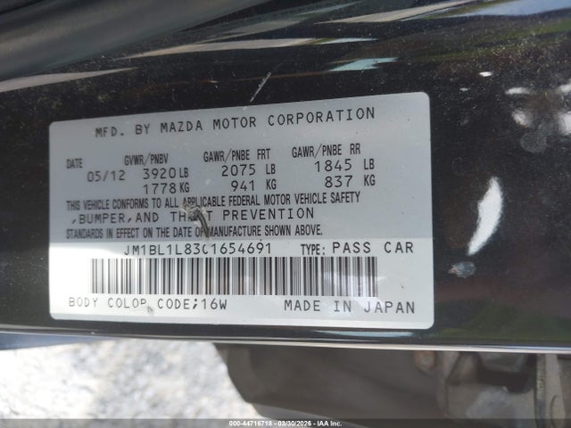 44716718 :رقم المزاد ، JM1BL1L83C1654691 vin ، 2012 Mazda Mazda3 I Touring مزاد بيع