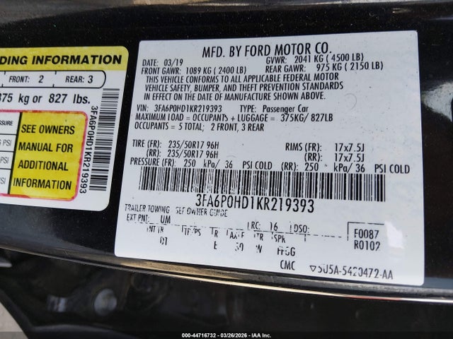 2019 Ford Fusion Se მანქანა იყიდება აუქციონზე, vin: 3FA6P0HD1KR219393, აუქციონის ნომერი: 44716732