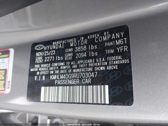 44716734 :رقم المزاد ، KMHLM4DG9RU703047 vin ، 2024 Hyundai Elantra Sel مزاد بيع