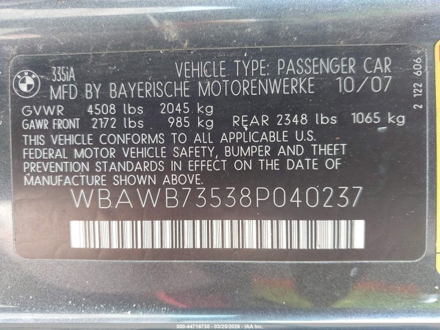 2008 Bmw 335i მანქანა იყიდება აუქციონზე, vin: WBAWB73538P040237, აუქციონის ნომერი: 44716738