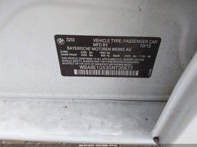 Aukcja sprzedaży 2016 Bmw 320i, vin: WBA8E1G53GNT35677, numer aukcji: 44716783