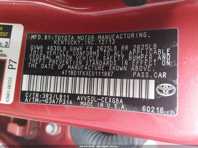 4T1BD1FKXEU111887 Toyota Camry Hybrid Xle