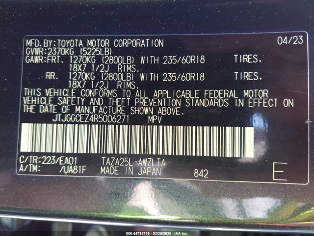44716795 :رقم المزاد ، JTJGGCEZ4R5006271 vin ، 2024 Lexus Nx 350 Premium مزاد بيع