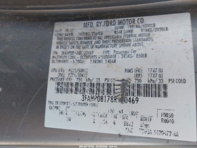 2008 FORD FUSION 3FAHP08178R120469 Photo 8