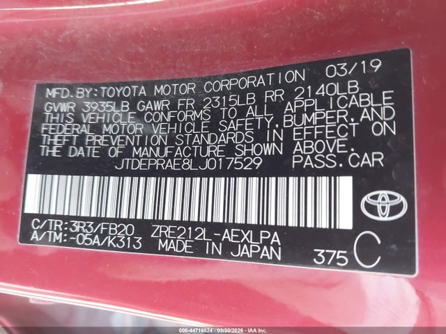 Продаж на аукціоні авто 2020 Toyota Corolla Le, vin: JTDEPRAE8LJ017529, номер лоту: 44716824
