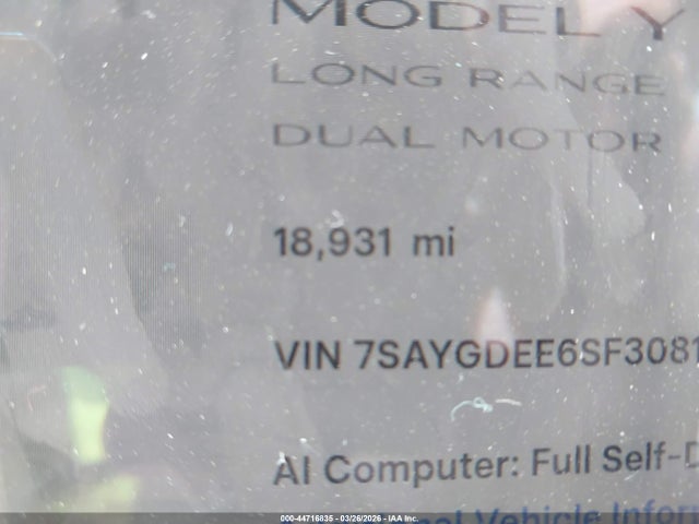Auction sale of the 2025 Tesla Model Y Long Range Dual Motor All-wheel Drive, vin: 7SAYGDEE6SF308131, lot number: 44716835