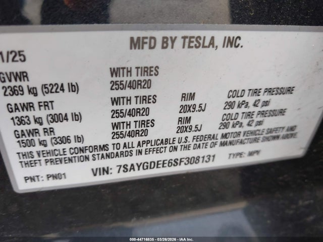 Auction sale of the 2025 Tesla Model Y Long Range Dual Motor All-wheel Drive, vin: 7SAYGDEE6SF308131, lot number: 44716835