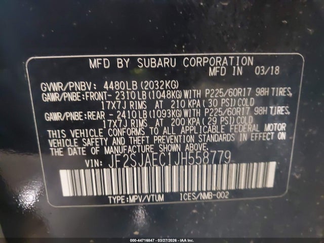 2018 Subaru Forester 2.5i Premium მანქანა იყიდება აუქციონზე, vin: JF2SJAEC1JH558779, აუქციონის ნომერი: 44716847