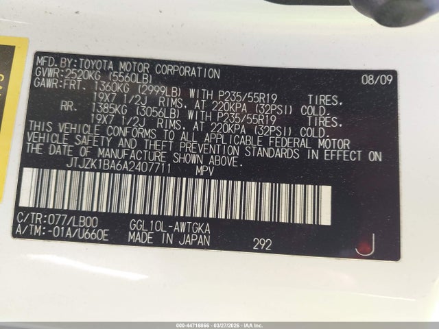 44716866 :رقم المزاد ، JTJZK1BA6A2407711 vin ، 2010 Lexus Rx 350 مزاد بيع
