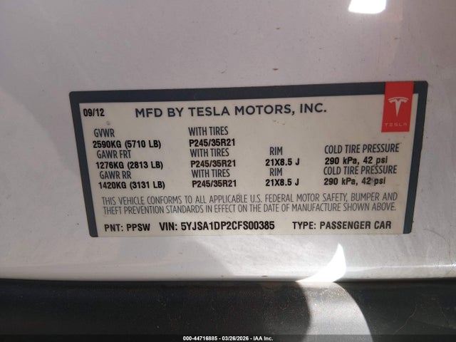 Продаж на аукціоні авто 2012 Tesla Model S Performance/signature Performance, vin: 5YJSA1DP2CFS00385, номер лоту: 44716885