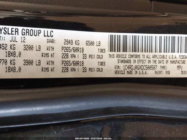 Продаж на аукціоні авто 2013 Dodge Durango Sxt, vin: 1C4RDJAGXDC500507, номер лоту: 44716886