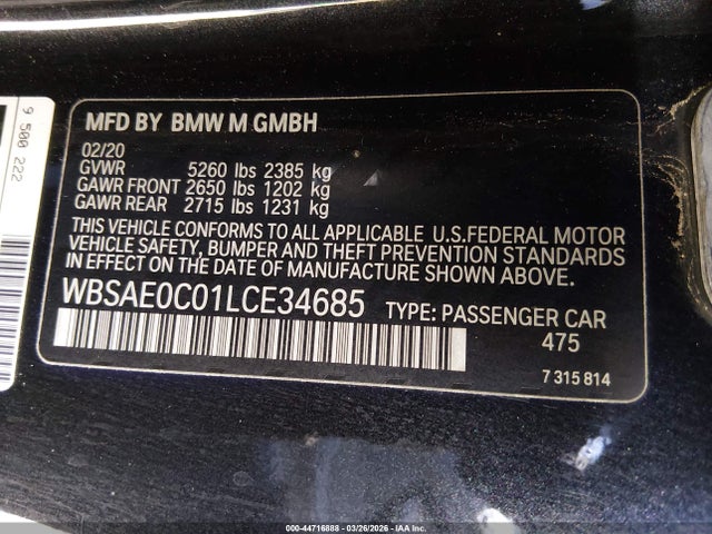 Продаж на аукціоні авто 2020 Bmw M8 Competition, vin: WBSAE0C01LCE34685, номер лоту: 44716888