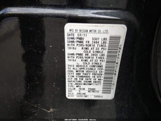 44716908 :رقم المزاد ، JN8AS1MU2BM711877 vin ، 2011 Infiniti Fx35 مزاد بيع
