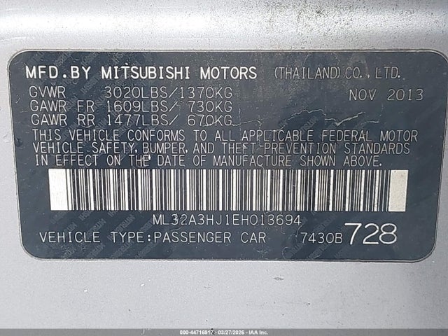 Aukcja sprzedaży 2014 Mitsubishi Mirage De, vin: ML32A3HJ1EH013694, numer aukcji: 44716917