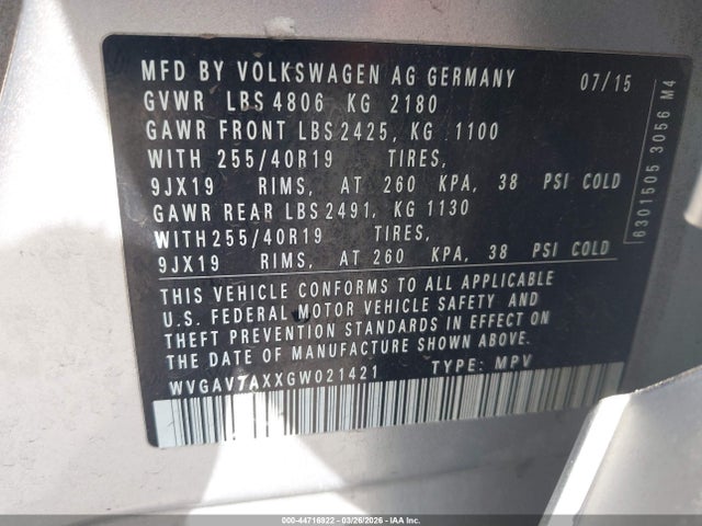 WVGAV7AXXGW021421 Volkswagen Tiguan R-line