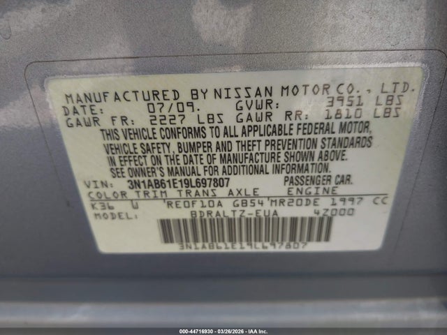 44716930 :رقم المزاد ، 3N1AB61E19L697807 vin ، 2009 Nissan Sentra 2.0s مزاد بيع
