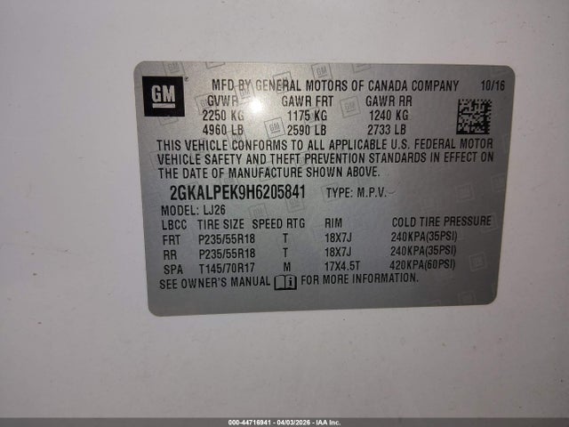 Aukcja sprzedaży 2017 Gmc Terrain Slt, vin: 2GKALPEK9H6205841, numer aukcji: 44716941