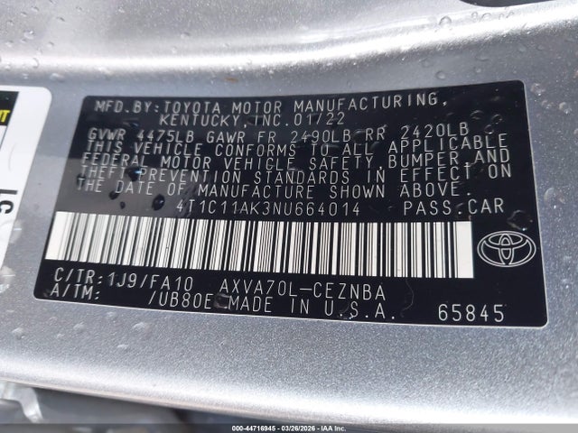 Toyota CAMRY LE 2022 4T1C11AK3NU664014 Image 9