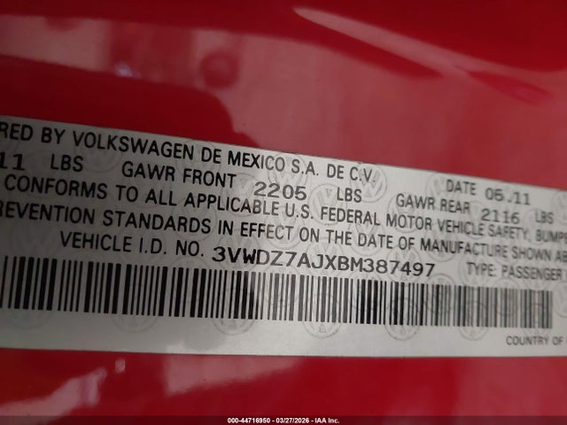 2011 Volkswagen Jetta 2.5l Se მანქანა იყიდება აუქციონზე, vin: 3VWDZ7AJXBM387497, აუქციონის ნომერი: 44716950