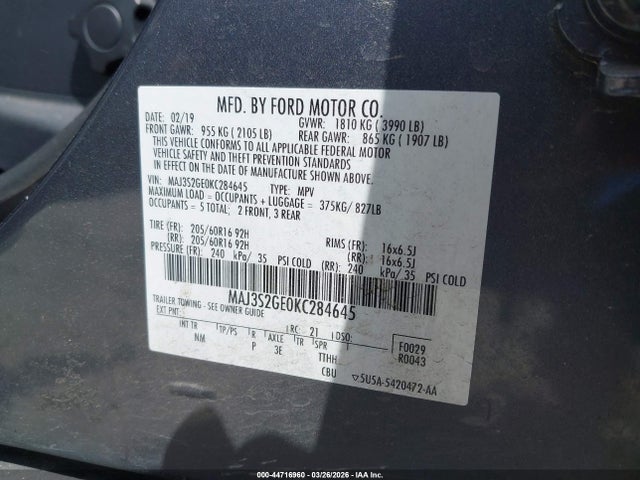 44716960 :رقم المزاد ، MAJ3S2GE0KC284645 vin ، 2019 Ford Ecosport Se مزاد بيع