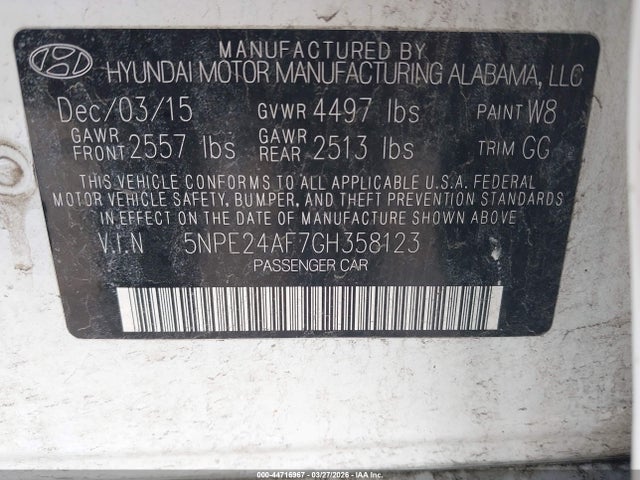 2016 Hyundai Sonata Se მანქანა იყიდება აუქციონზე, vin: 5NPE24AF7GH358123, აუქციონის ნომერი: 44716967