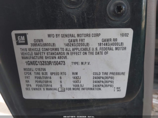 Продажа на аукционе авто 2003 Chevrolet Tahoe Lt, vin: 1GNEC13Z63R150473, номер лота: 44716979