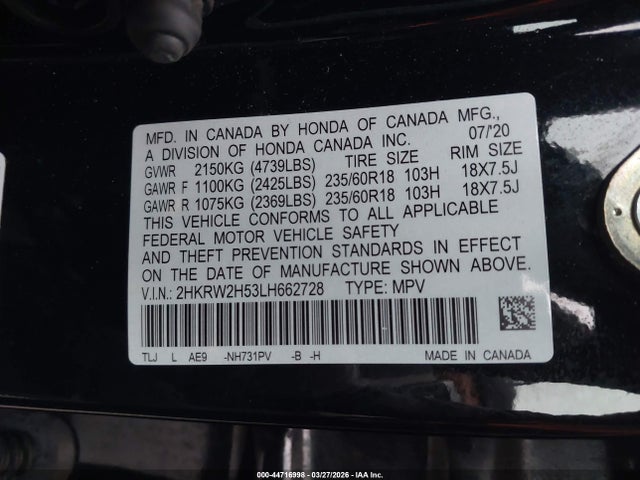 Продаж на аукціоні авто 2020 Honda Cr-v Awd Ex, vin: 2HKRW2H53LH662728, номер лоту: 44716998