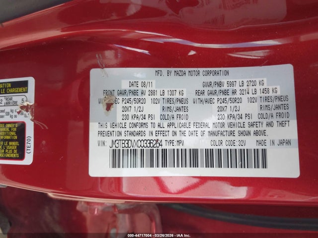 44717004 :رقم المزاد ، JM3TB3DVXC0336264 vin ، 2012 Mazda Cx-9 Grand Touring مزاد بيع