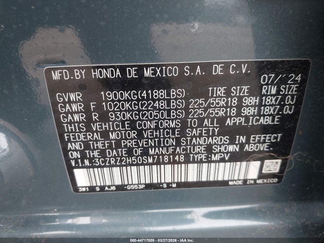 Продажа на аукционе авто 2025 Honda Hr-v Awd Sport, vin: 3CZRZ2H50SM718148, номер лота: 44717005
