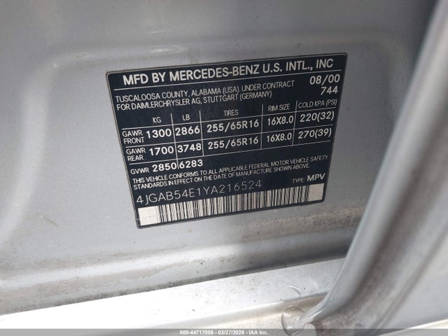 Продаж на аукціоні авто 2000 Mercedes-benz Ml 320, vin: 4JGAB54E1YA216524, номер лоту: 44717006