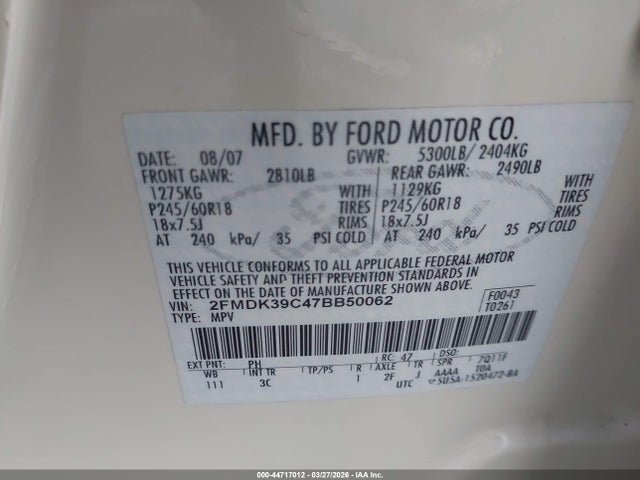 44717012 :رقم المزاد ، 2FMDK39C47BB50062 vin ، 2007 Ford Edge Sel Plus مزاد بيع