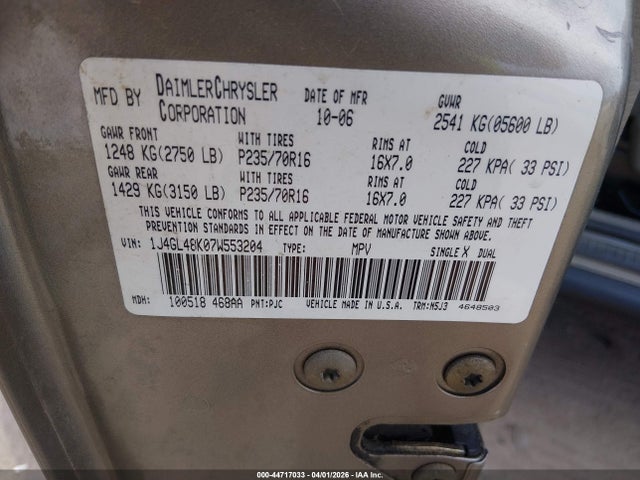 Aukcja sprzedaży 2007 Jeep Liberty Sport, vin: 1J4GL48K07W553204, numer aukcji: 44717033