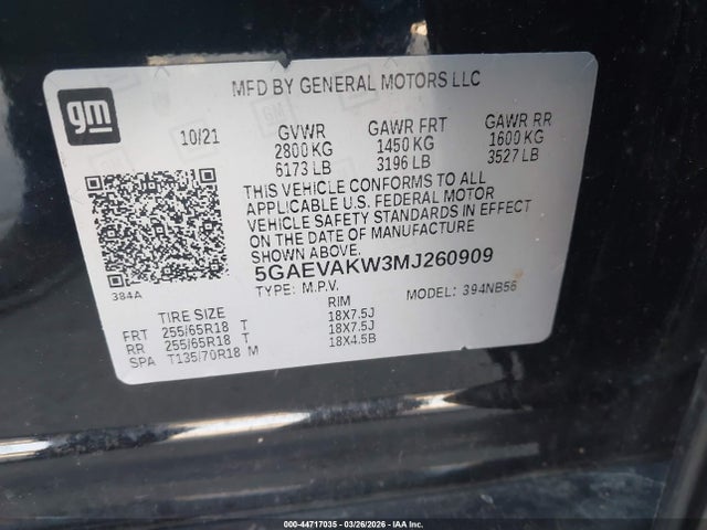 Продаж на аукціоні авто 2021 Buick Enclave Awd Essence, vin: 5GAEVAKW3MJ260909, номер лоту: 44717035