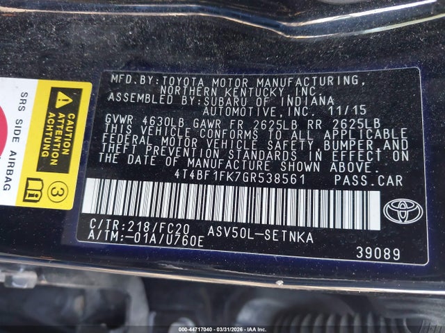 Aukcja sprzedaży 2016 Toyota Camry Le, vin: 4T4BF1FK7GR538561, numer aukcji: 44717040