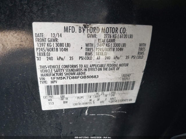1FM5K7D86FGB50683 Ford EXPLORER XLT