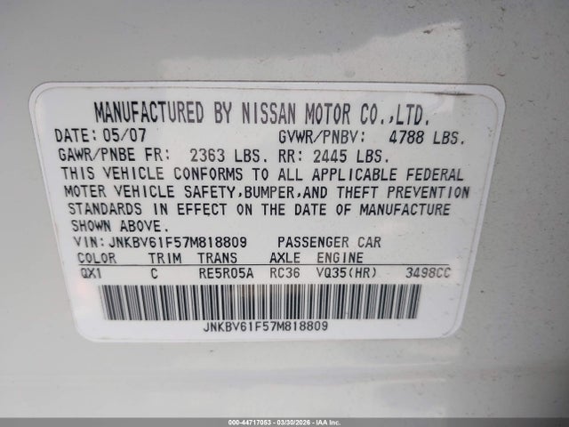 44717053 :رقم المزاد ، JNKBV61F57M818809 vin ، 2007 Infiniti G35x مزاد بيع