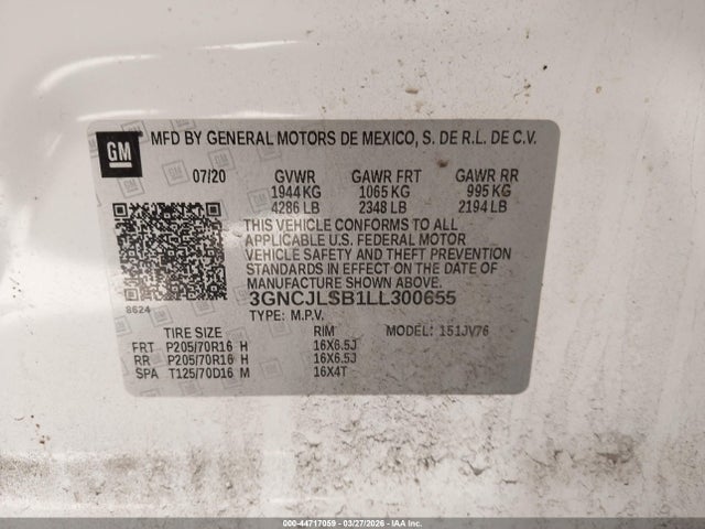 Продажа на аукционе авто 2020 Chevrolet Trax Fwd Lt, vin: 3GNCJLSB1LL300655, номер лота: 44717059