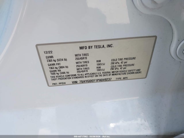 2023 Tesla Model Y Performance Dual Motor All-wheel Drive მანქანა იყიდება აუქციონზე, vin: 7SAYGDEF1PA049237, აუქციონის ნომერი: 44717062