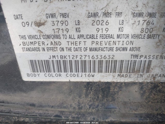 2007 Mazda Mazda3 I მანქანა იყიდება აუქციონზე, vin: JM1BK12F271633632, აუქციონის ნომერი: 44717088