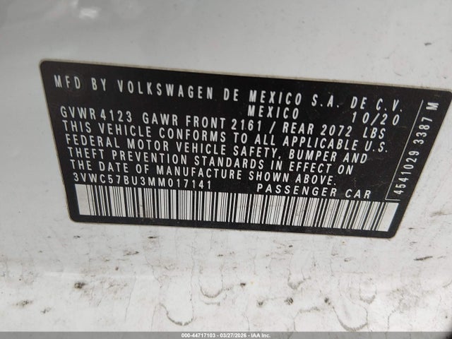 Продаж на аукціоні авто 2021 Volkswagen Jetta 1.4t R-line/1.4t S/1.4t Se, vin: 3VWC57BU3MM017141, номер лоту: 44717103