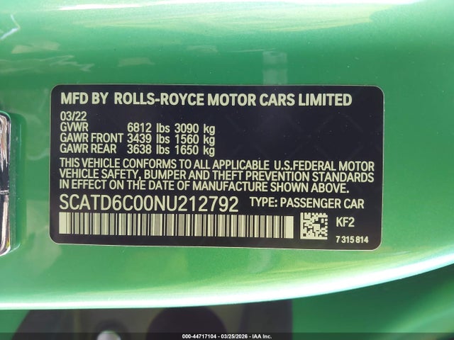 2022 Rolls-royce Ghost მანქანა იყიდება აუქციონზე, vin: SCATD6C00NU212792, აუქციონის ნომერი: 44717104